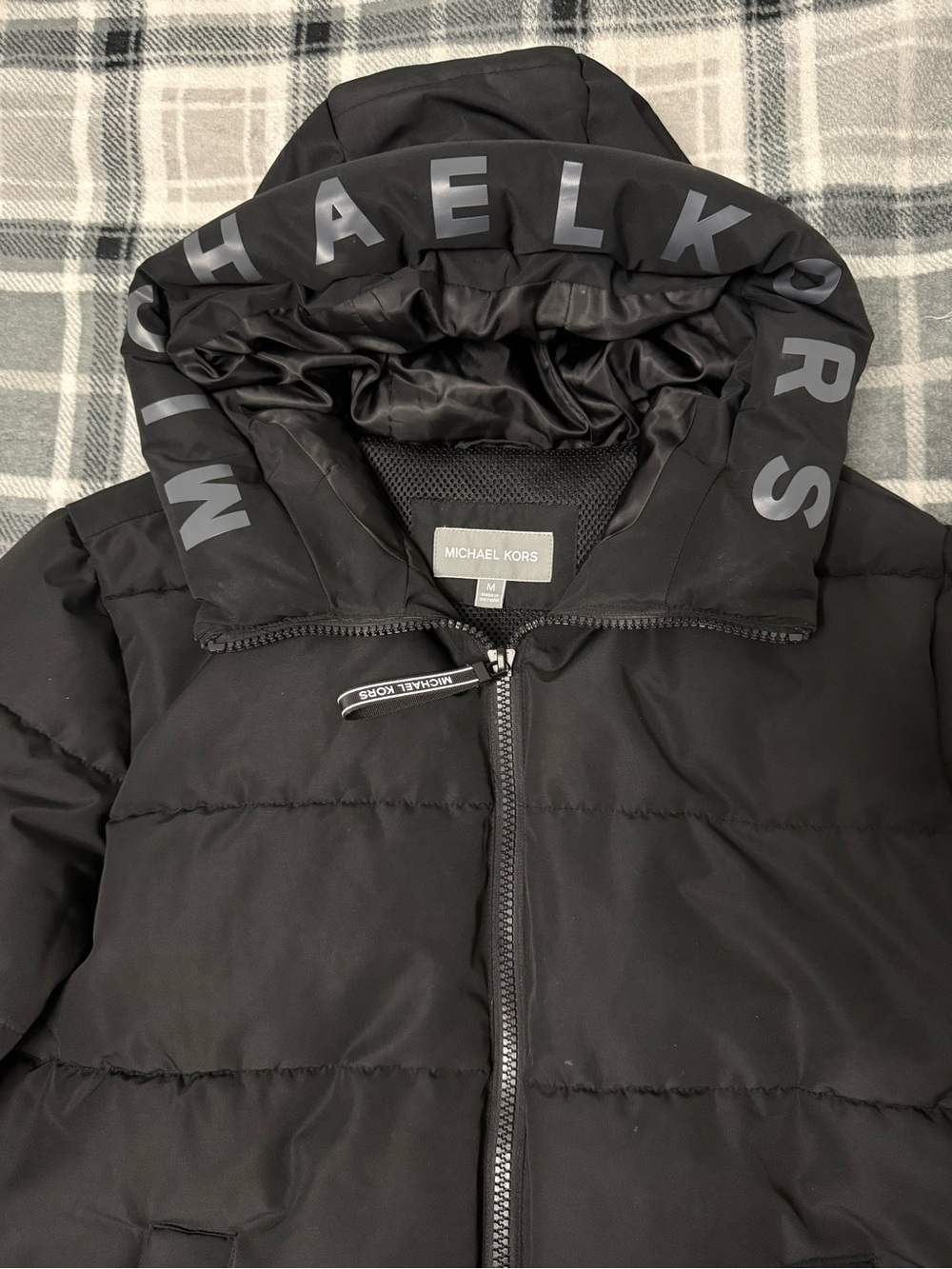 Michael Kors Puffer Jacket Black Logo Hood Quilted Hooded Insulated Mens M
